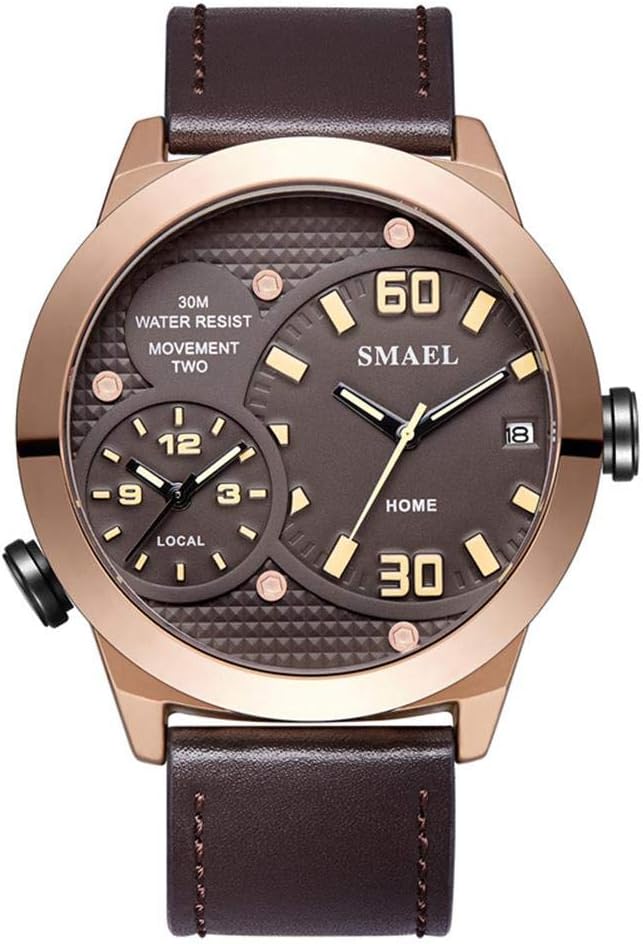 Men's Unique Analog Watch, Waterproof Fashion Dress Quartz Wrist Watch with Dual Dial Cool Design Leather Band Dual Time Watches