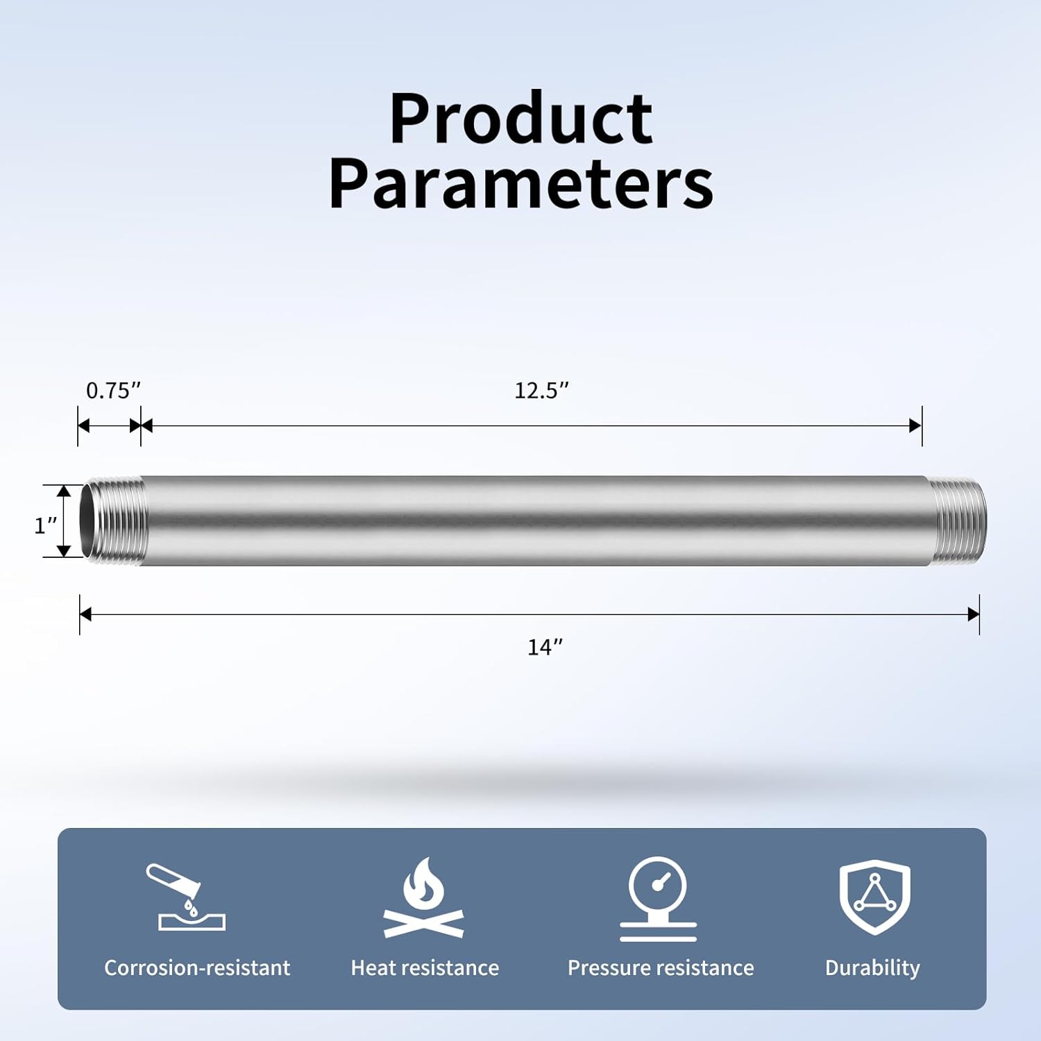 1"x14" 304 Stainless Steel Pipe, 1" NPTx 1" NPT Male Threaded Nipple, SCH40 Heavy Duty Pre-Cut Steel Pipe for Plumbing Gas, Hydraulic, and Industrial Applications(14", 2 Piece)