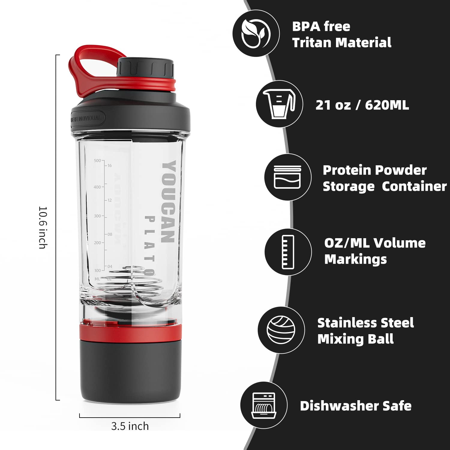 Botella mezcladora de proteínas de 21 onzas con recipiente de almacenamiento de polvo, vasos mezcladores para batidos de proteínas, botella mezcladora para antes del entrenamiento, botella mezcladora,