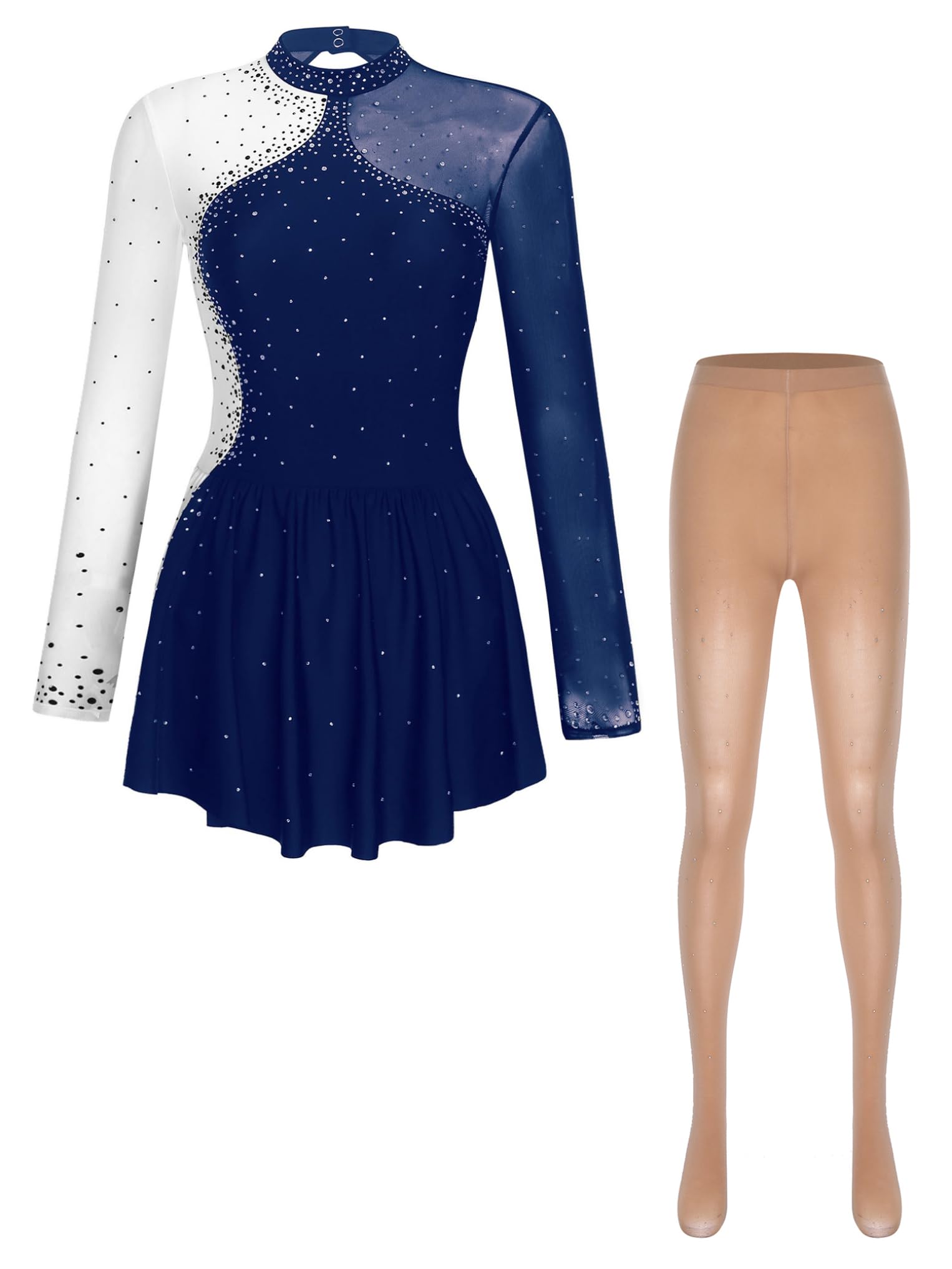 Oyolan Femme Robe et Collant Patinage Artistique Patin Justaucorps Robe Manches Longues Strass
