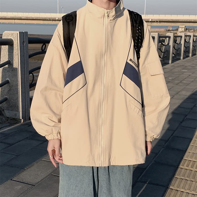GAI Men's Varsity Jacket Harajuku Vintage Bomber Jackets Techwear Windbreaker Color Block Unisex Coats Korean Streetwear (A Khaki,M)2