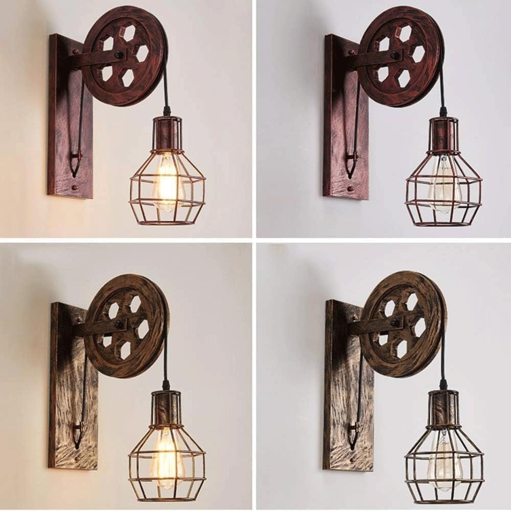Vintage industrialna rustykalna lampa ścienna z kutego żelaza, styl koła pasowego, gniazdo E27, regulowane zawieszenie, brązowe wykończenie, idealna do wiejskiego domu, restauracji, A b