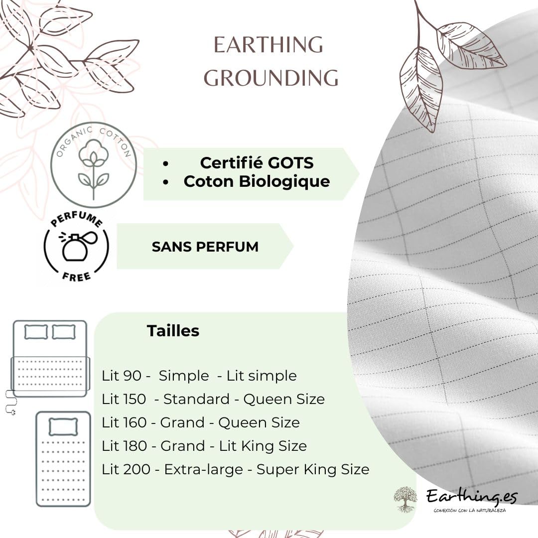 Drap de terre et de mise à la terre | Améliore le sommeil profond | Coton bio certifié GOTS avec argent | Ensemble complet pour lit double - Queen Size - 160 x 200 x 30 cm