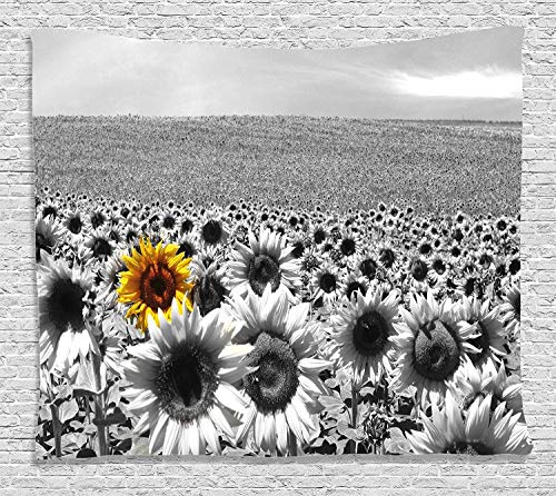 Ambesonne Modern Tapestry, Sunflower Field Black and White a Single Yellow Flower Spring Landscape Individuality, Wide Wall Hanging for Bedroom Living Room Dorm, 60
