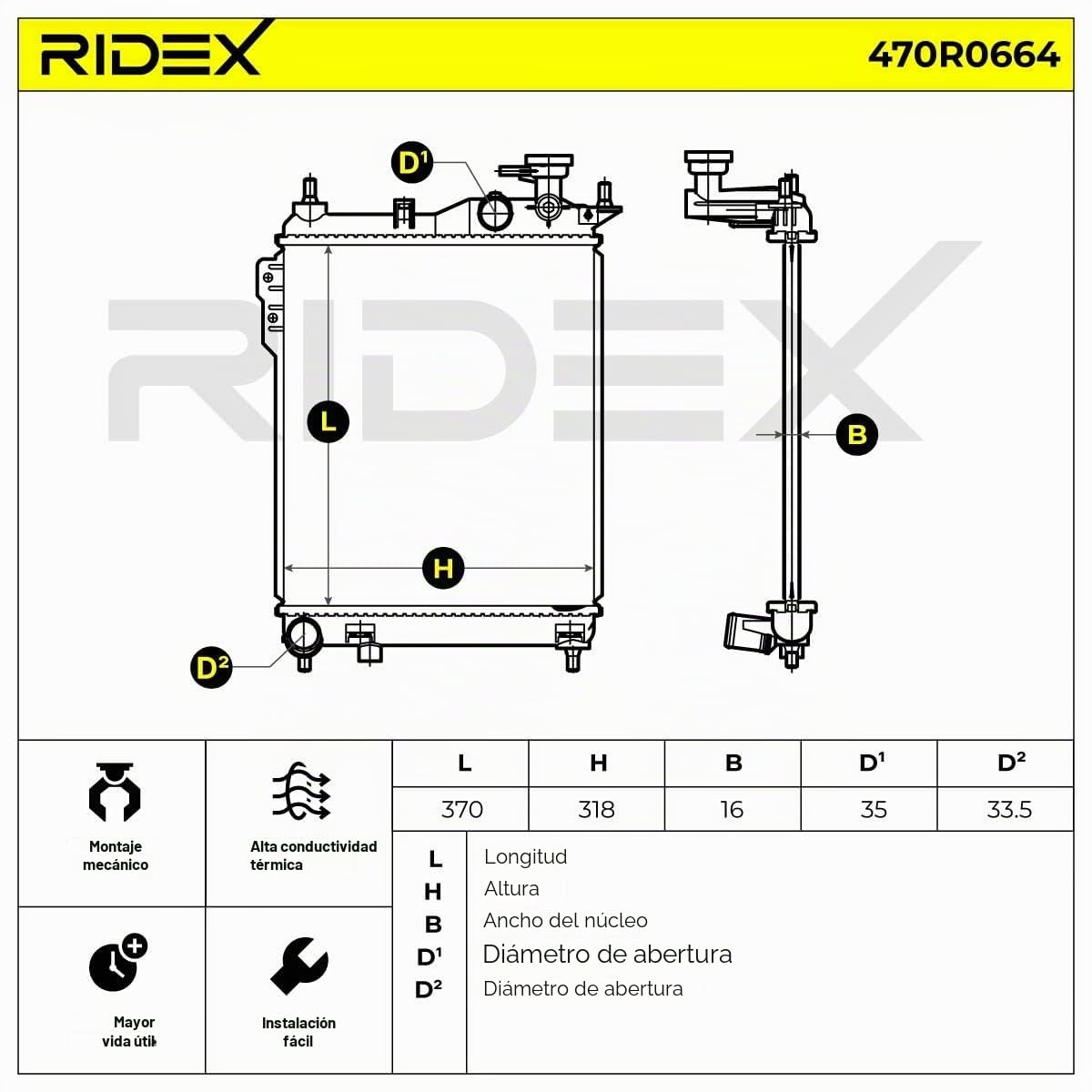 RIDEX 470R0664 Radiador refrigeración del motor Compatible con HYUNDAI GETZ TB