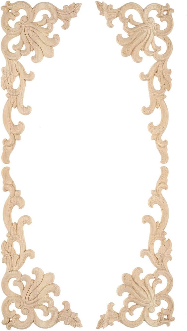 2-Pair Wood Carved Onlays, 20x10cm/7.87"x3.94", Left&Right Decorated Furniture Appliques, Wooden Carving Corner Decals for Cabinet Drawer Cupboard Dresser Mirror Door Wall Bed DIY Projects
