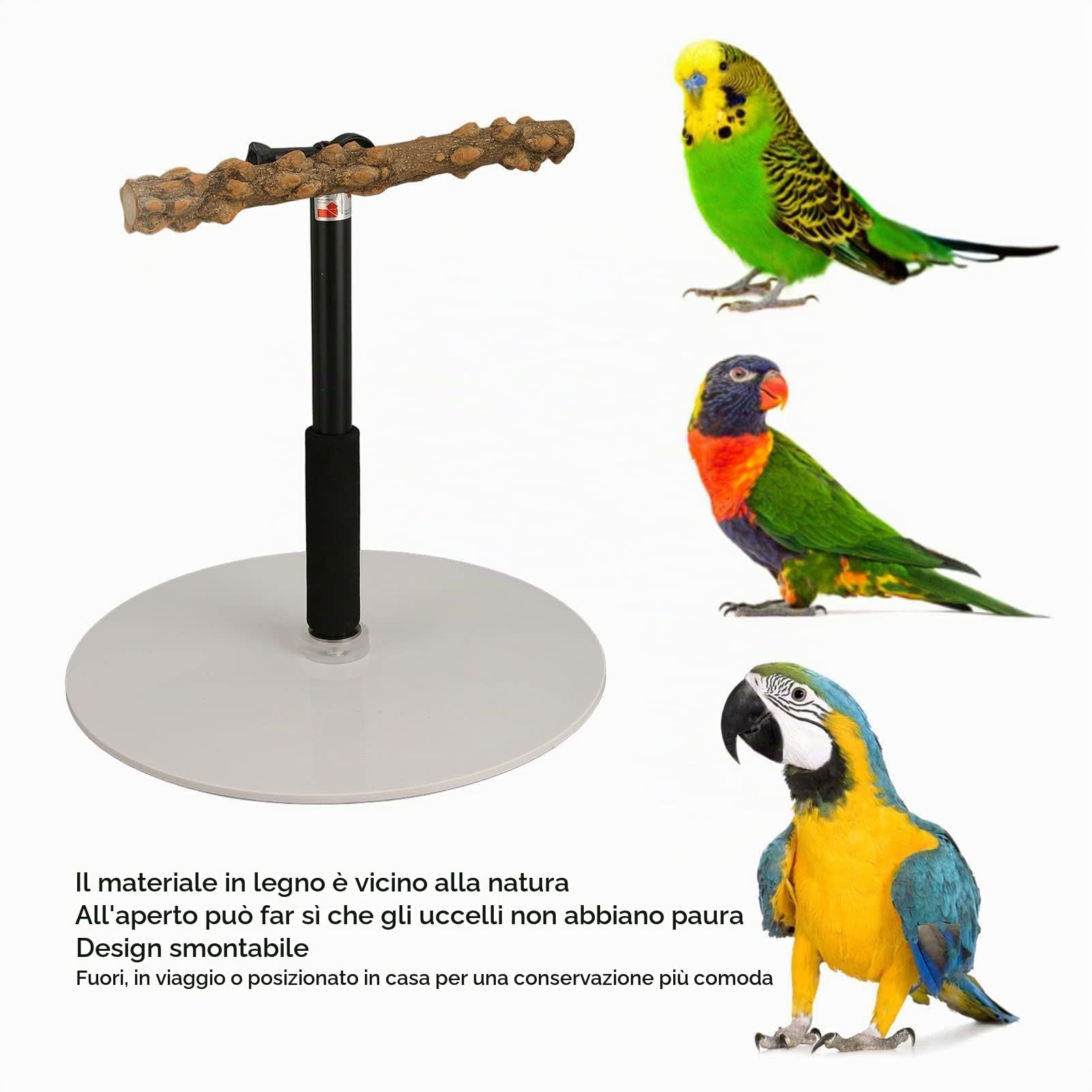 Supporto da Terra Regolabile in Altezza per Uccelli, Posatoio e Gioco per Pappagalli, Parrocchetti, Calopsite, Ara, Fringuelli, Inseparabili