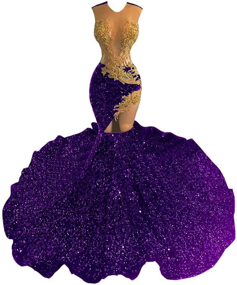 Women's Gold Applique Dress Sparkly Sequins Mermaid Tulle Sun Train Dresses Sleeveless Celebrity Evening Cocktail Gowns
