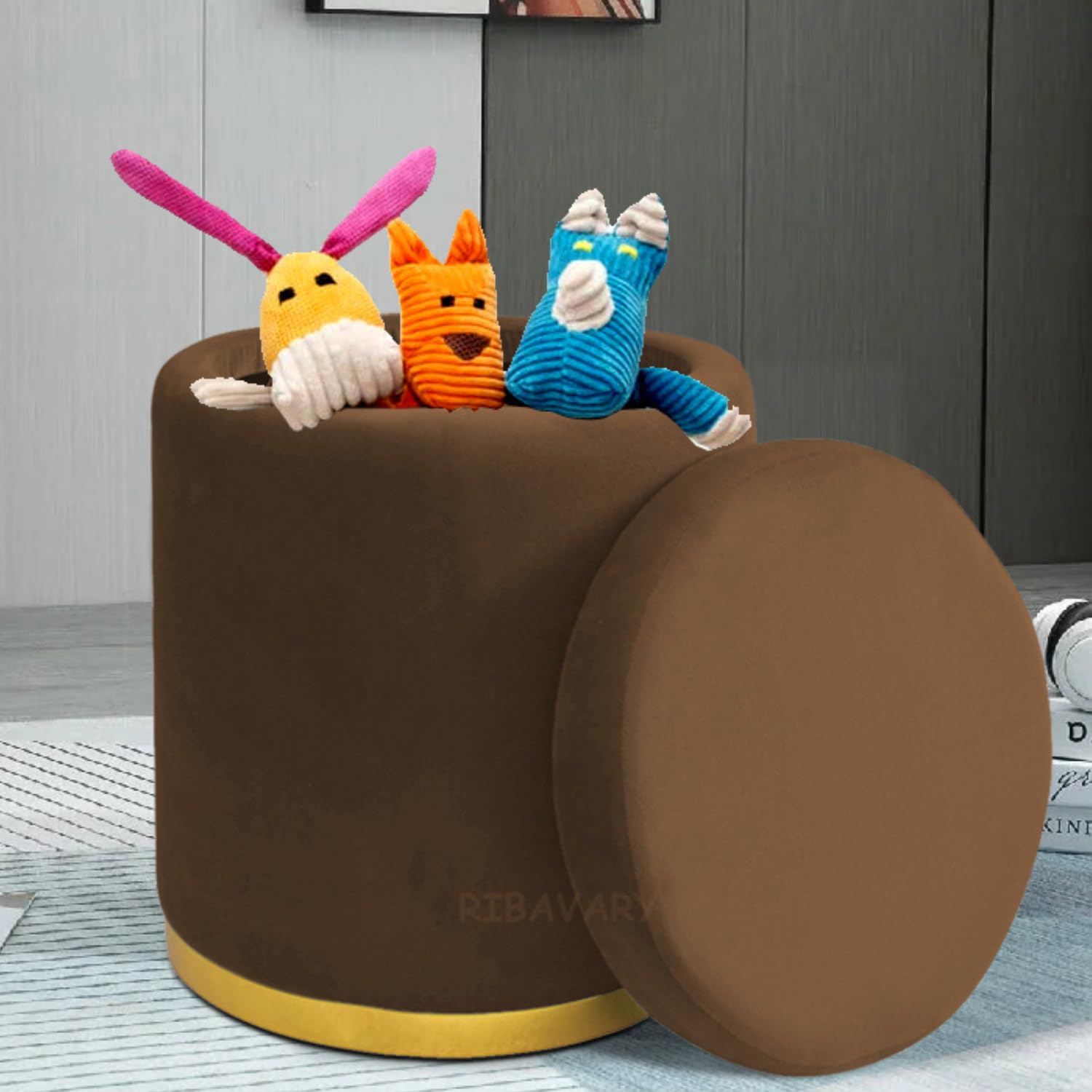 RIBAVARY Velvet Luxurious Sitting Stool for Bedroom & Living Room, Sofa Side Stool, Wooden Small Ottoman Footrest Stool, Makeup Chair, Pouf for Office & Home Decoration (Drum Storage, Coffee.)-image-46