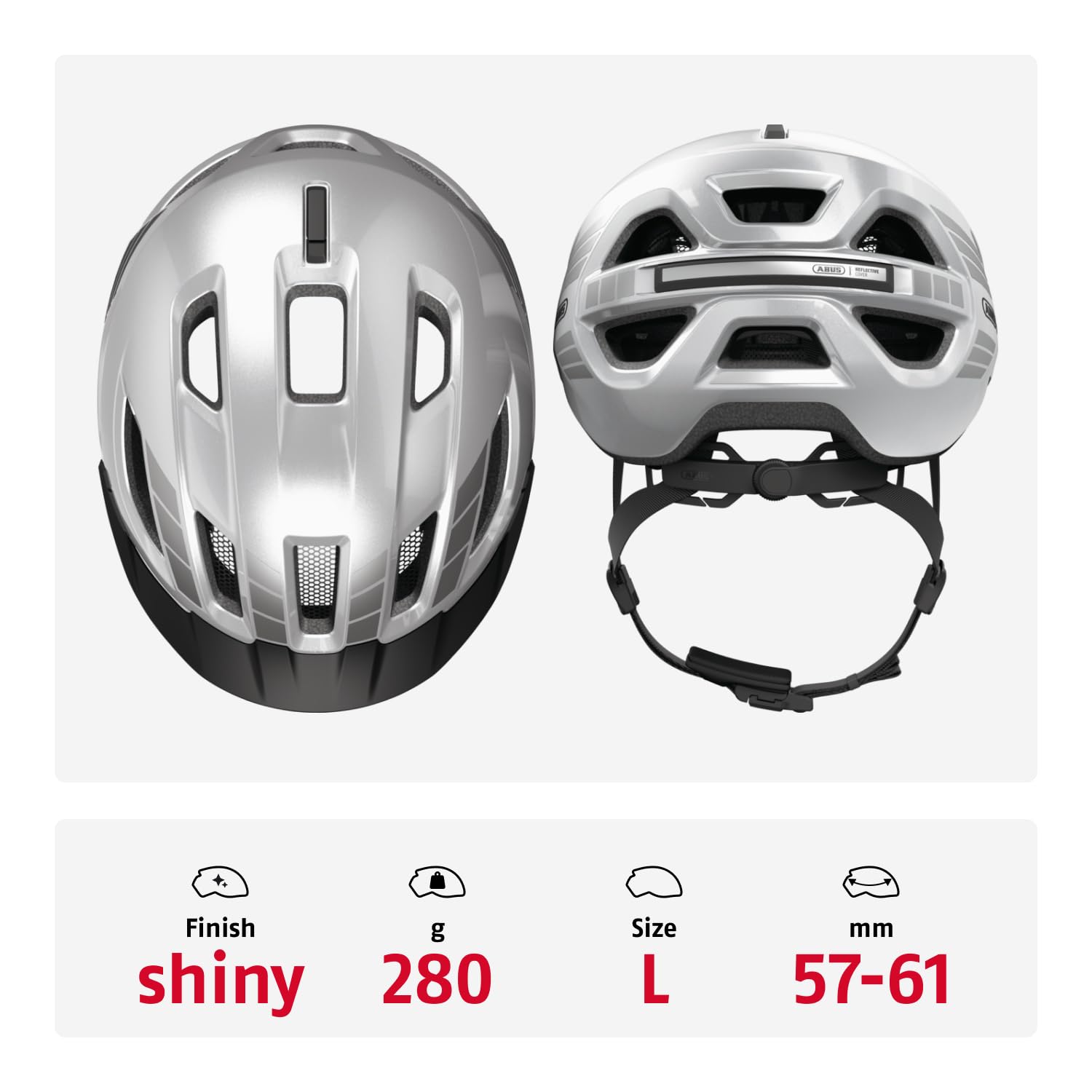 ABUS Stadthelm Urban-I 4.0 LR, rozmiar L, srebrny | Light Ready do montażu tylnego światła, Zoom Spin System, siatka przeciw owadom, zapięcie Fidlock, EN 1078, Unisex
