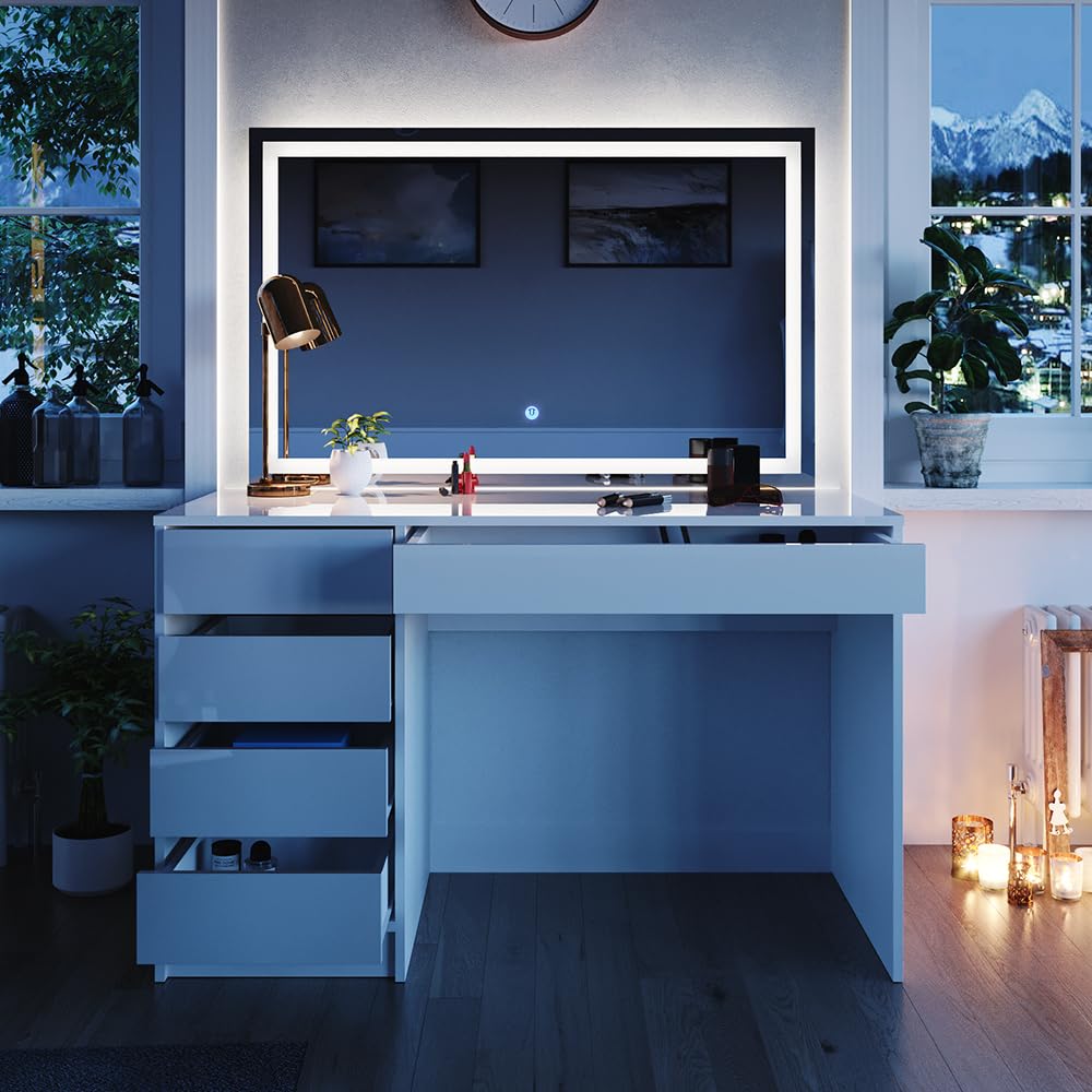 Vicco Tavolo da toeletta Sherry, Bianco, 120 cm | con illuminazione a LED, con illuminazione LED e grande specchio rettangolare