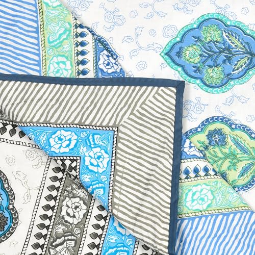 Image of BLOCKS OF INDIA 100% Cotton Dohar King Size Reversible Hand Block Printed Malmal Summer Dohar /Blanket (Blue Rose)-300 TC