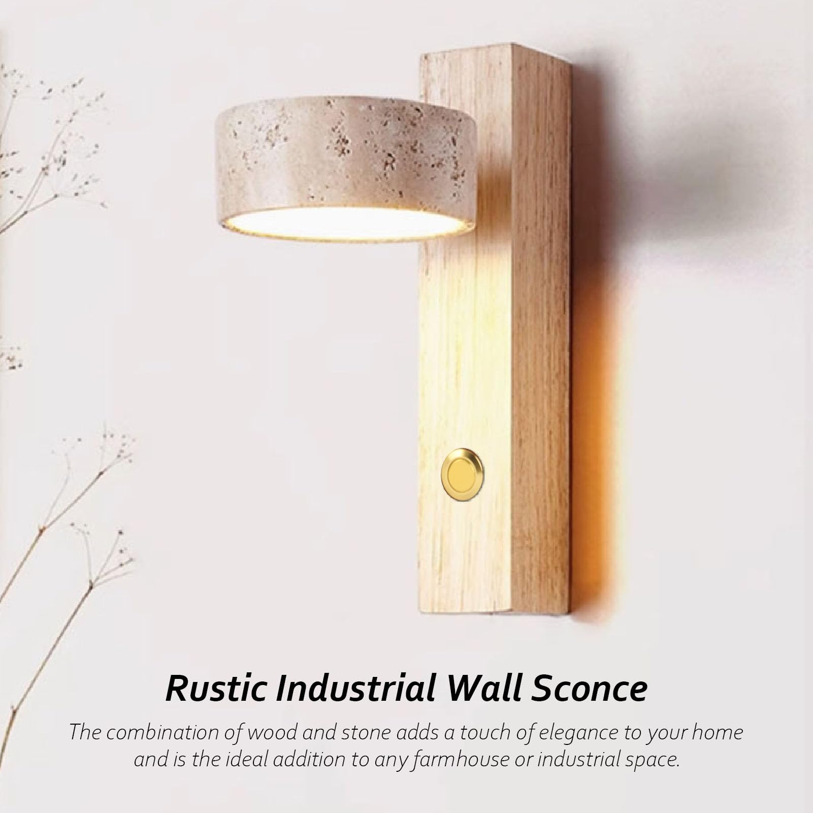 HEEPDD Rotierende Wandleuchten mit Schalter Verstellbarer Winkel LED Warme Leichte Rustikale Industriestein Holz Nacht Leselampe 30.3 Unzen Fest Verdrahtet (Originalholzfarbe)
