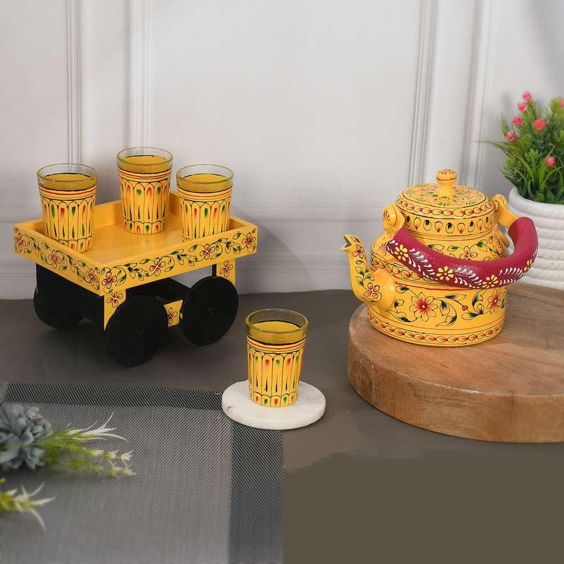Image of Handpainted Alluminium Tea Kettle with Four Glasses and Wooden Tray for Home Dcor Tea Party Serving -05