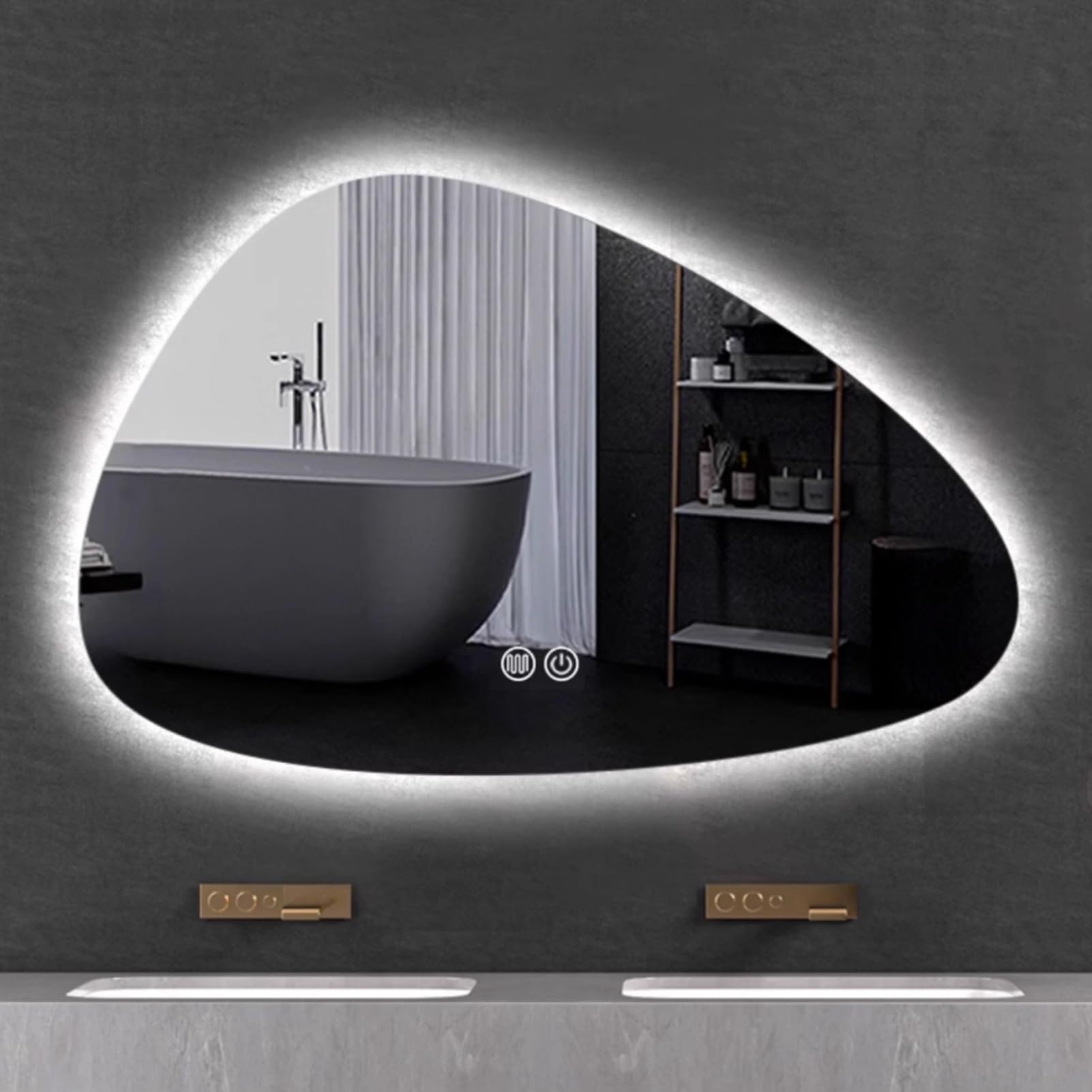 Miroir mural d'éclairage antibuée asymétrique grand miroir de maquillage irrégulier 60x80