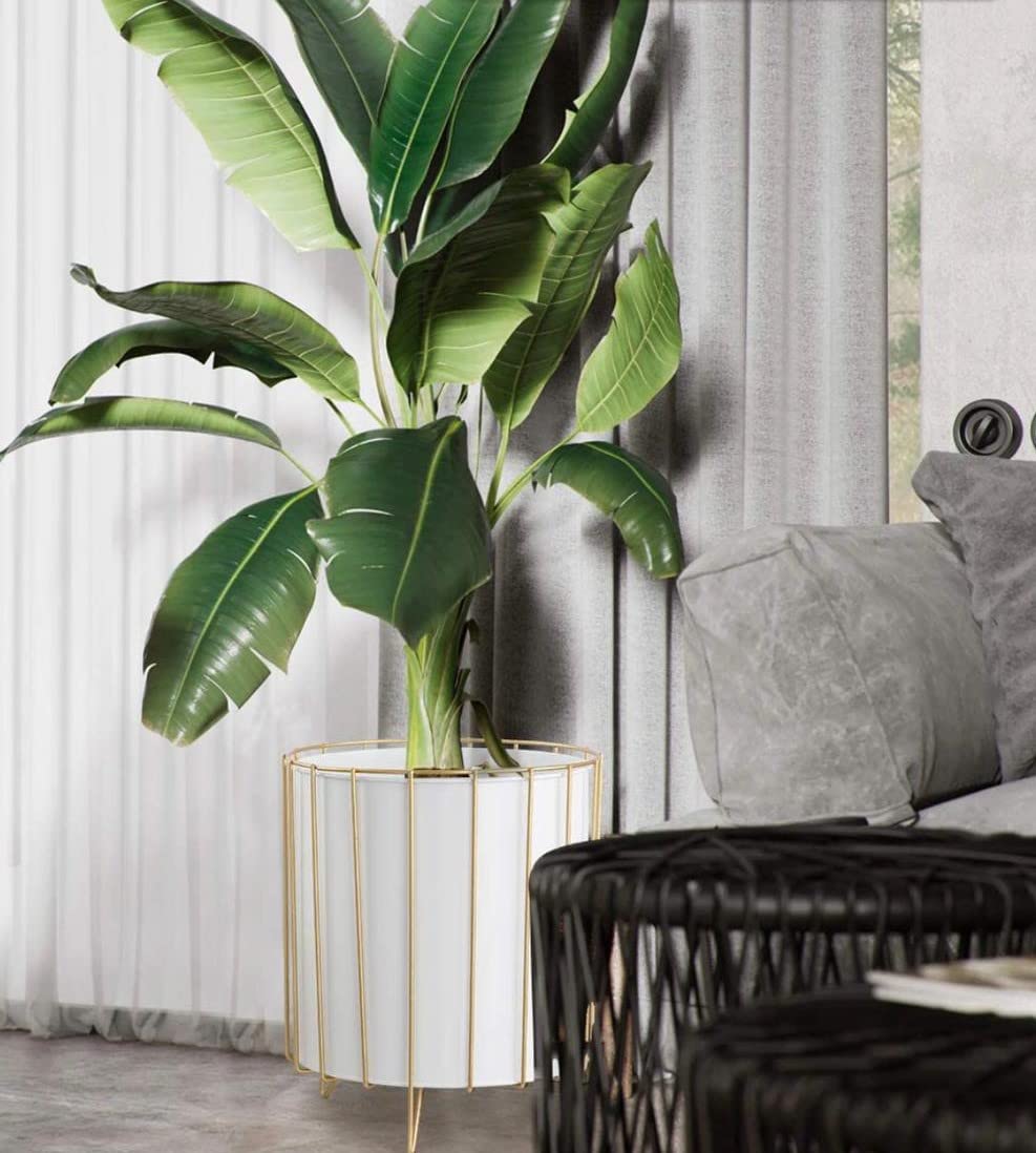 ANGEL CRAFTMetal Plant Pot with Gold Wire Based Planter Stand Indoor Outdoor Table top Size-Height 22cm,Dia- 17cm. (White)