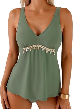 Dokotoo Tankini Swimsuits for Women V Neck Tummy Control Two Piece Bathing Suit with High Waisted Bottom Swimwear