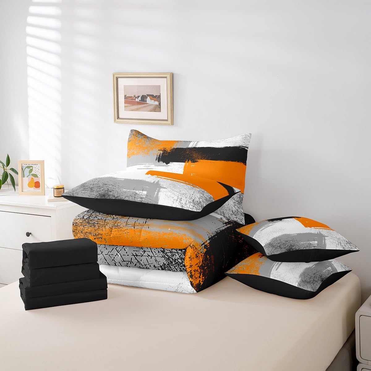 Feelyou Orange Black Grey White 7 Piece Bedding Set Abstract Bed Set Includes Comforter, Sheet Set, Pillowcases & Pillow Covers Queen Size Ombre Modern 7 Piece Bedding Set Bedroom Decor Buffalo Check