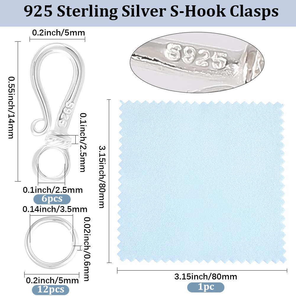Beebeecraft 1 Box 6 Stück S Haken Schmuck Verschluss Armband S Verschluss mit 12 Stück Sprung Ringe Poliertuch 925 Sterling Silber Vintage Toggle Connectors Ringe für Schmuck Herstellung Armbänder