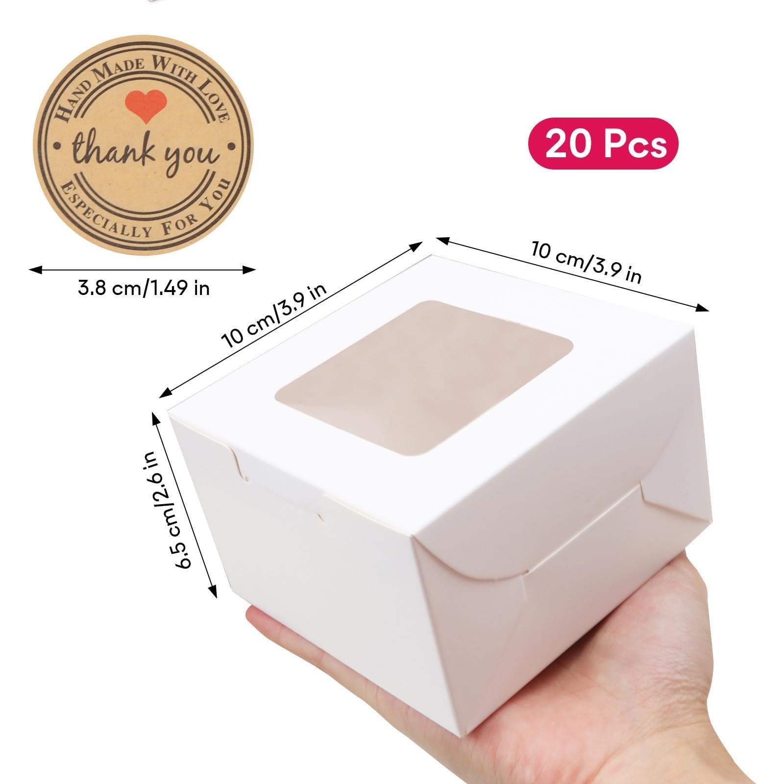 JOYSKY 20 białych pudełek na babeczki z okienkami i 24 naklejkami – minimalistyczna papierowa cukiernica, 10 x 10 x 6,5 cm, na ciasta, ciastka i prezenty