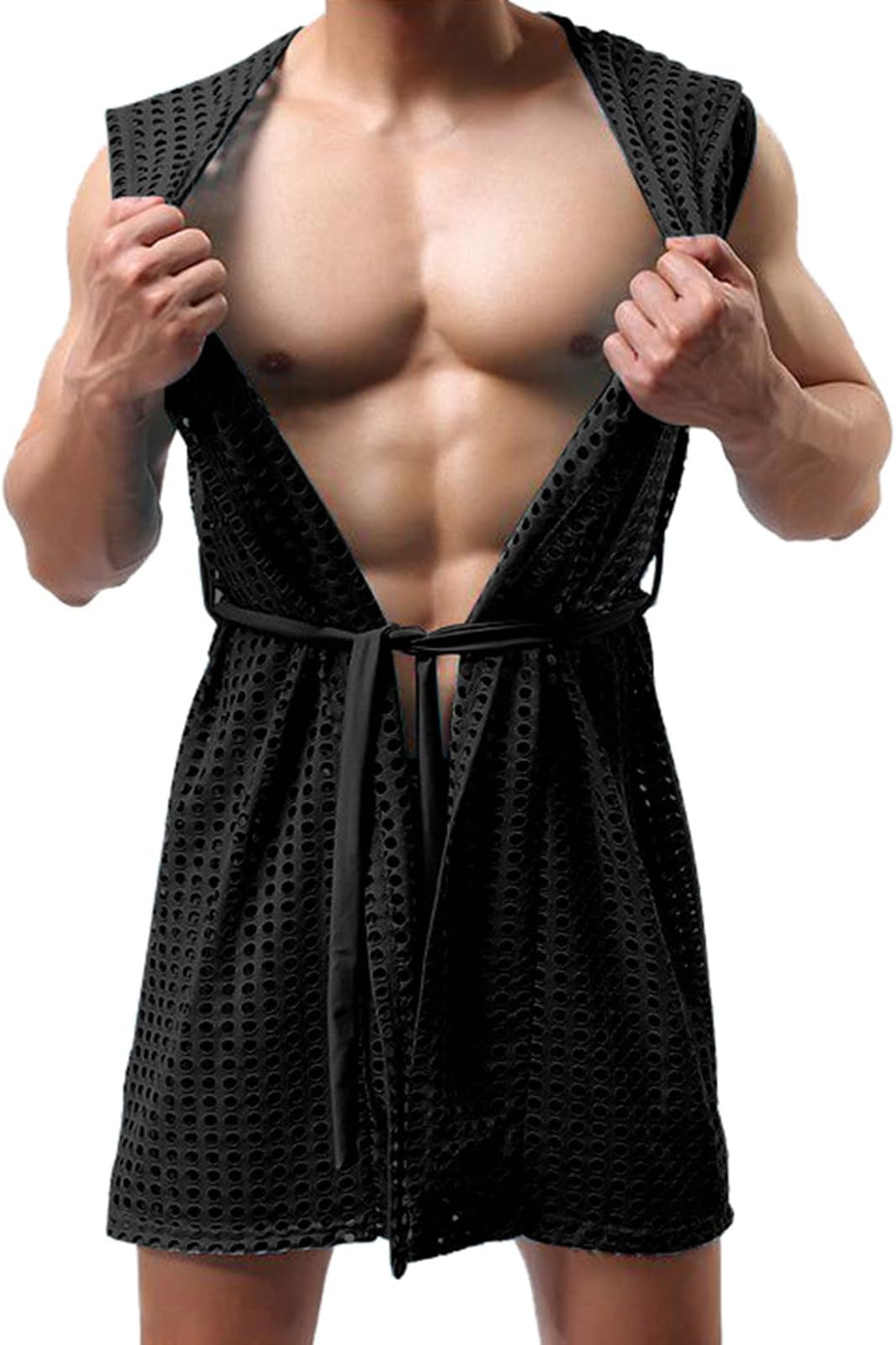 Men's Exotic Hollow Mesh Bathrobe Sexy Cardigan Shawl Top Fashionable Loungewear for Nights