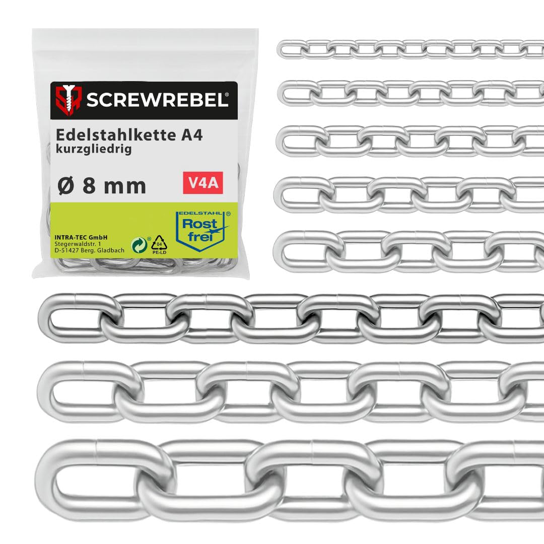 SCREW REBEL 8,0 mm starke Edelstahlkette A4 rostfrei, Gliederkette 3 m lang, kalibriert, Hebekette kurzgliedrig DIN 766, Zugkette, Rundstahlkette V4A mit 3 Meter Länge