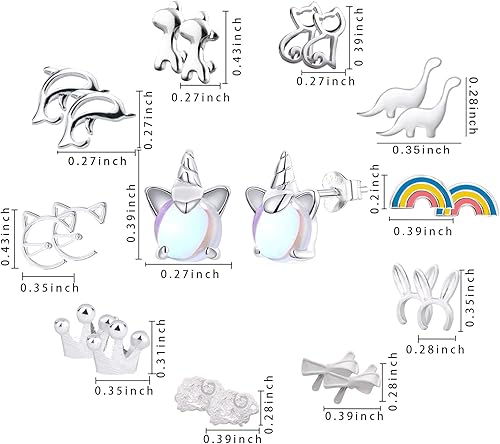 Miniatura 2 de NEWITIN 11 Pairs 925 Sterling Silver Stud Earrings for Girls Hypoallergenic Earrings Unicorn Earrings Animals Earrings Cute Small Stud Earrings for