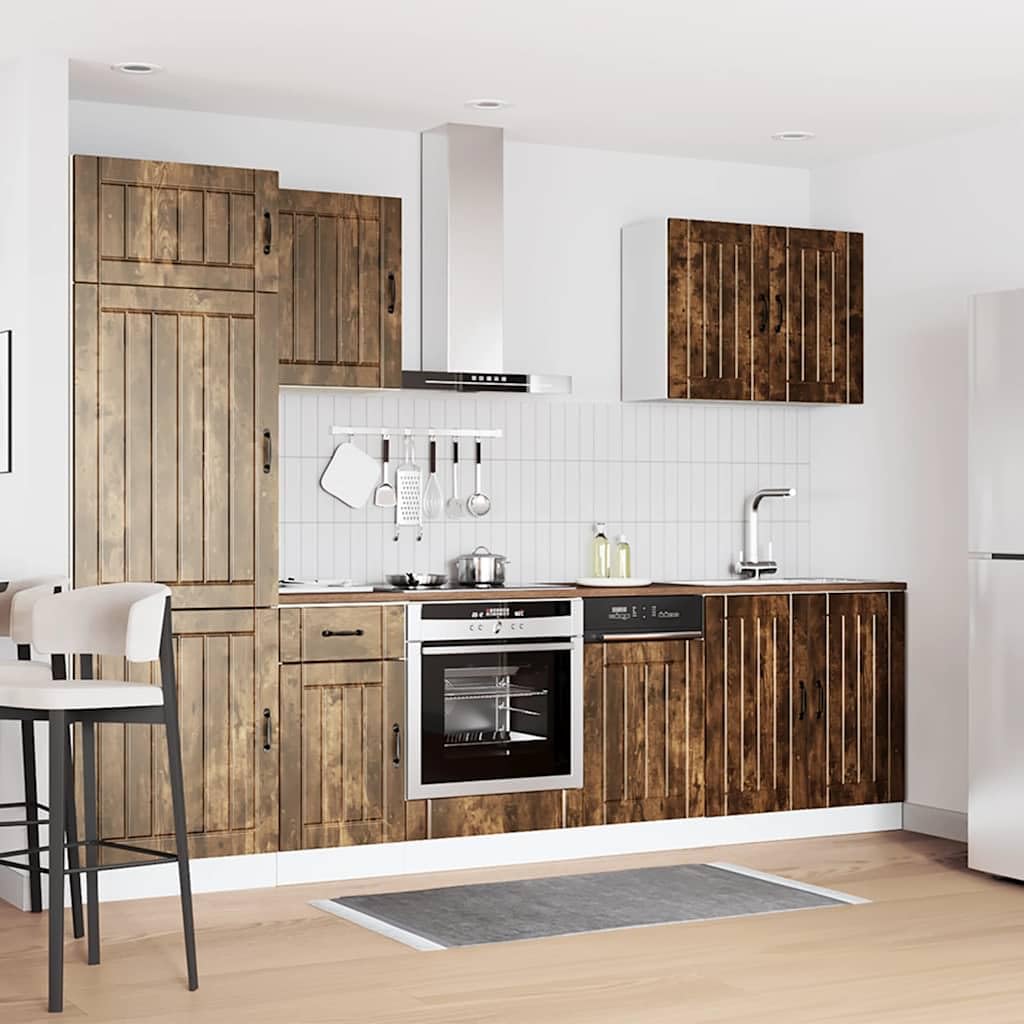 Set Mobili da Cucina 7 Pezzi Lucca Rovere Fumo in Truciolato | Soluzione modulare salvaspazio per la cucina con scomparti capienti e piedini regolabili in altezza.