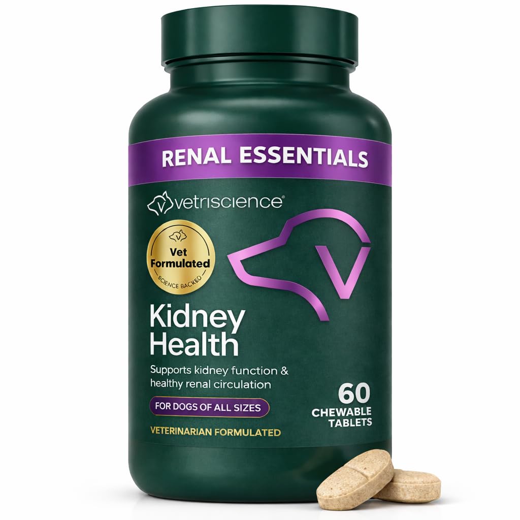 VetriScience Kidney Health Chewable Tablets, Renal Essentials Supplement for Dogs, Urinary Tract and Kidney Support with Mushroom, Astragalus Root, Nettle Seed and Herbs, Smoke, 60 Count