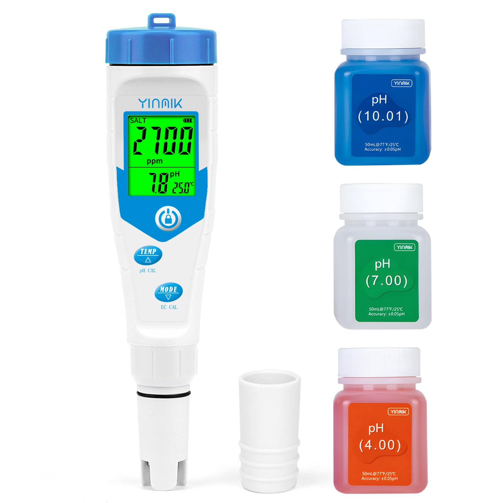 YINMIK Piscinas Medidor de Salinidad Digital 5 en 1 | Medidor de pH TDS EC Sal con Solución Calibración pH Visualización Simultánea de Sal y pH para Piscina Acuarios Hidroponía