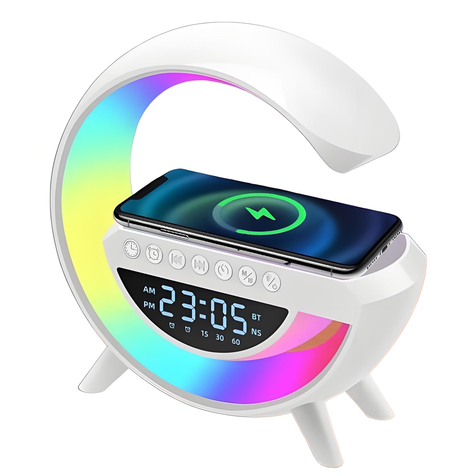 Denash Night Light Lamp with Bluetooth Speaker, G-Shaped Bedroom Bedside Mood Atmosphere Lamp, Multifuncional Portable Speaker with Alarm, Phone Wireless Charger for Home, Party, Travel