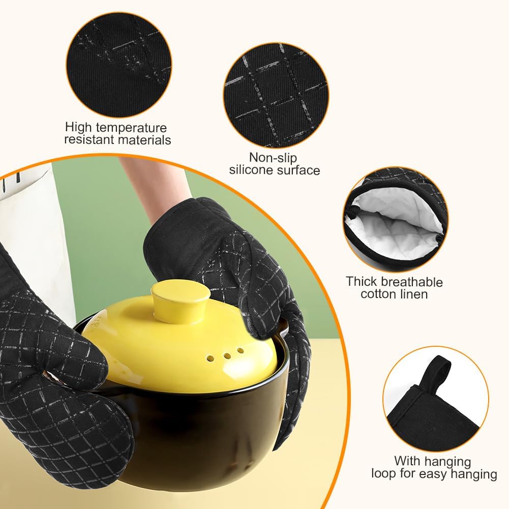 AUAUY Oven Mitts and Pot Holders 4PCS Set, 230°C/446°F Heat Resistant BBQ Gloves, Extra Thicken Long Cotton Oven Mittens, Silicone Stripes Non-Slip Kitchen Mittens for Cooking Baking Grilling - Image 3