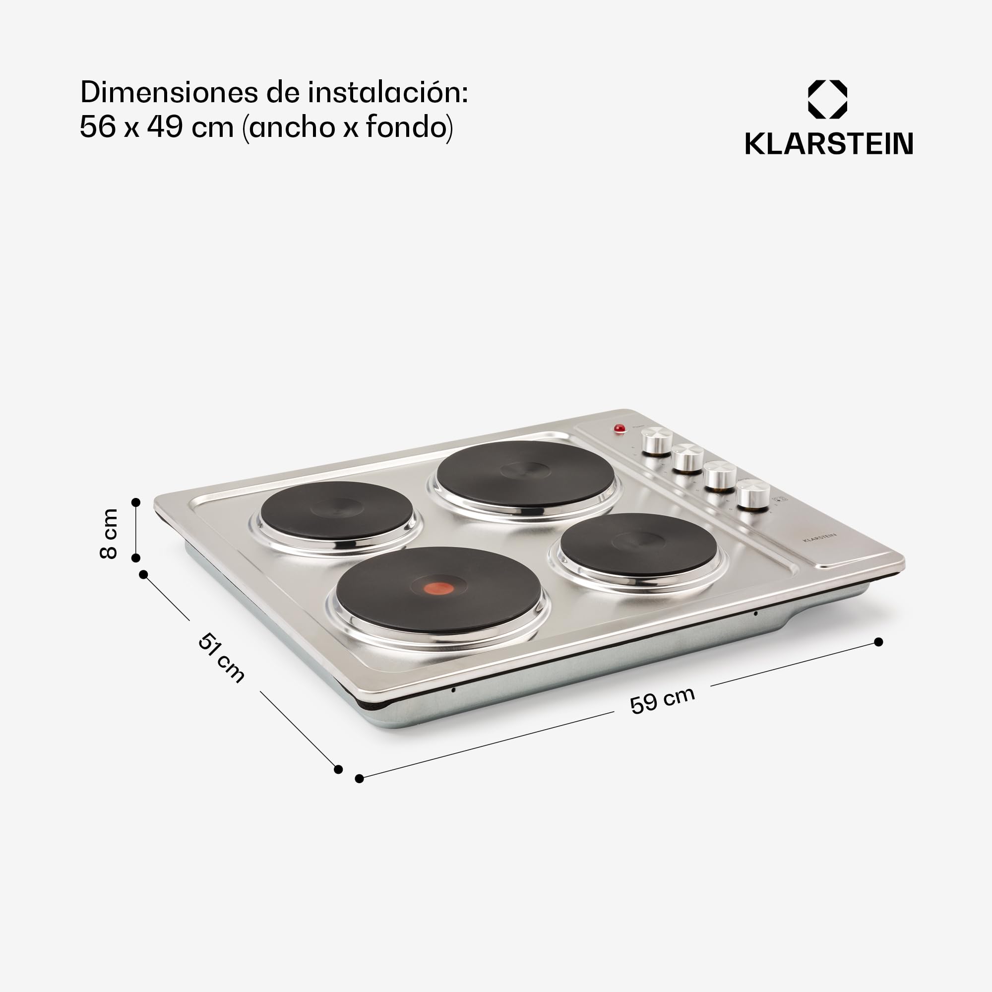 Klarstein Appetito Placa de Cocina Empotrable de Placas, Indicador de Calor Residual, Mandos Giratorios, 6 Niveles, Electrica, Fogones, Acero Inoxidable, 4 Placas/Zonas, 5500 Vatios, Plata