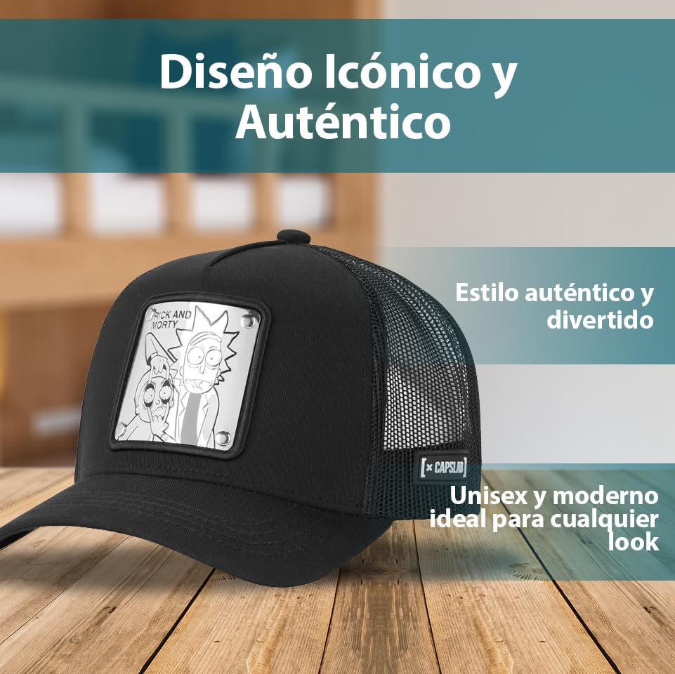 Capslab Casquette Trucker Rick et Morty | Patch avant, taille unique, fermeture à pression, visière incurvée, respirante | Maille et partie avant noires | Casquette de camionneur homme et femme