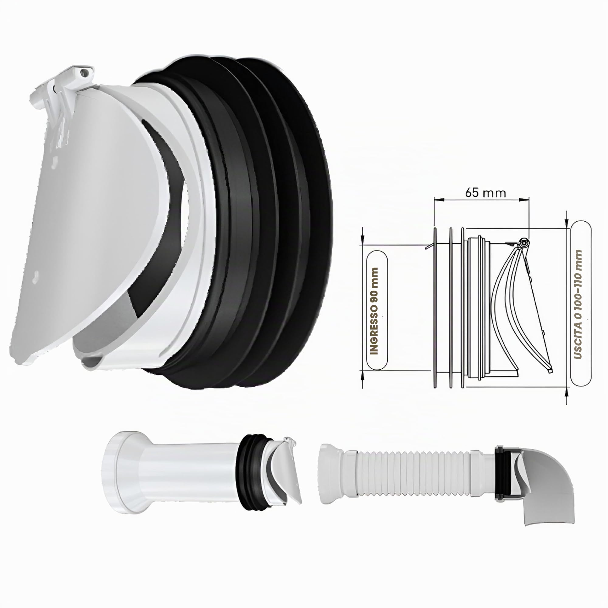 Uzman-Versand 1 valvola di protezione in plastica per ratti DN 90-100/110 mm, 12.5 x 12.5 x 6.8 cm, adattatore, valvola per ratti, valvola di ritegno, non ritorno