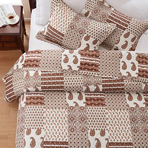 Leaonme Quilt Set Full/Queen Size 3 Piece Bedspread Coverlet Lightweight Comforter Microfiber Bedding Set For All Season Oversized 90X98 Inch Bed Cover Paisley Patchwork Brown(1 Quilt,2 Pillow Shams) #TOP4