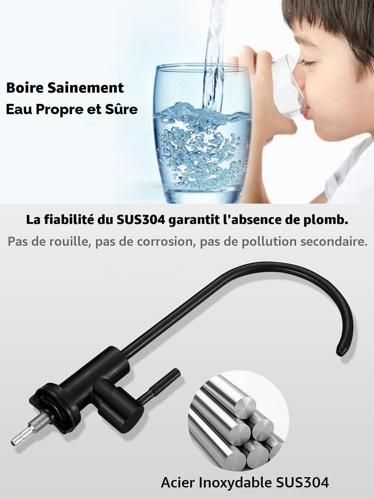 Robinet d'eau potable noir mat, filtre à eau sans plomb, facile à installer pour évier de cuisine et bar