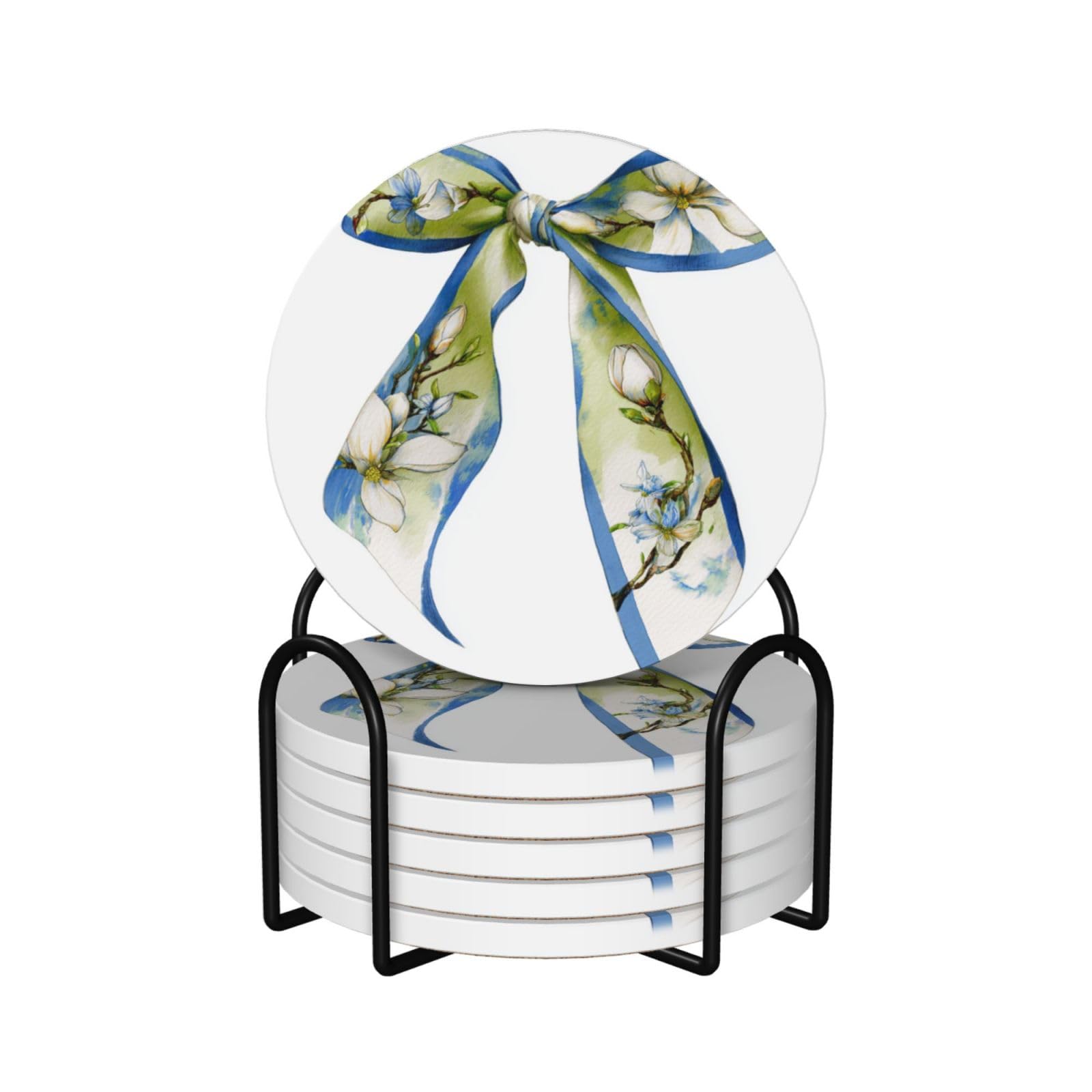 Watercolor Magnolia Floral Printed Ribbon Bow Ceramic Coasters with Holder 6ps