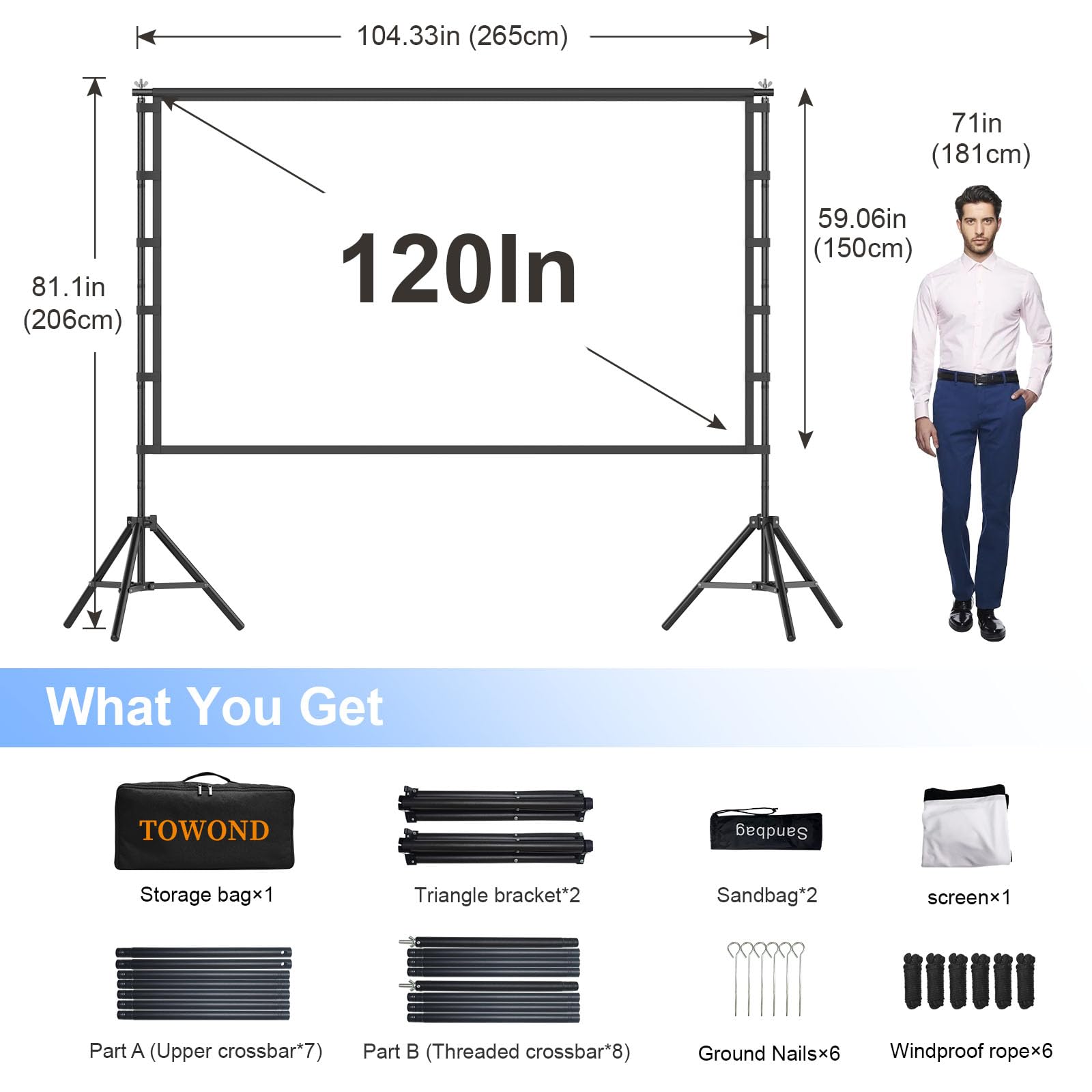 TOWOND Schermo per proiettore da 120 pollici, con supporto, pieghevole, portatile, 16:9, HD, per esterni per home cinema e giardino, proiezione anteriore e posteriore, lavabile in poliestere antipiega