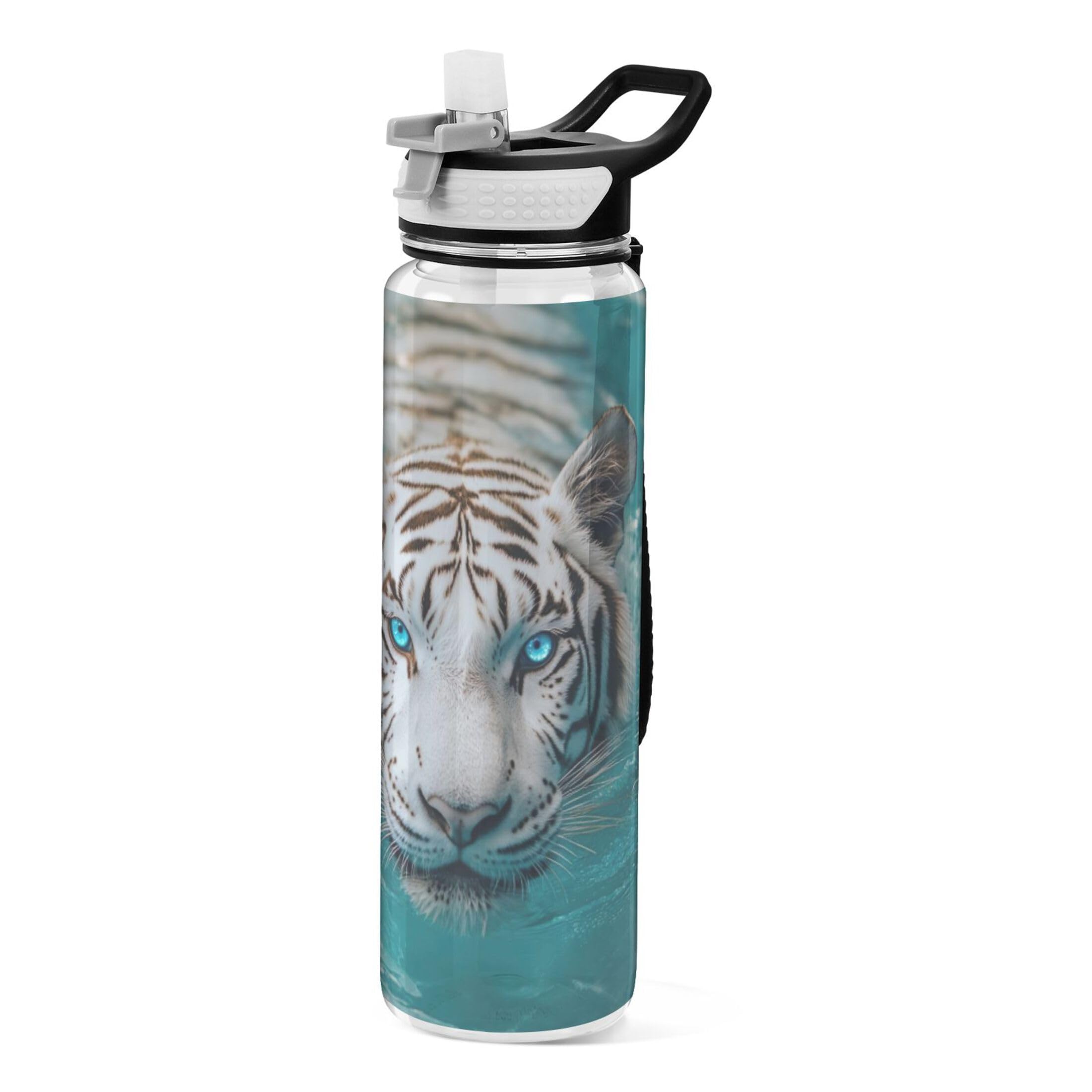 Fuauuyl White Tiger Water Bottle With Straw Lid, 32Oz Large Leakproof & Bpa Free Tritan Drinking Bottle For Sports, Gym, Travel