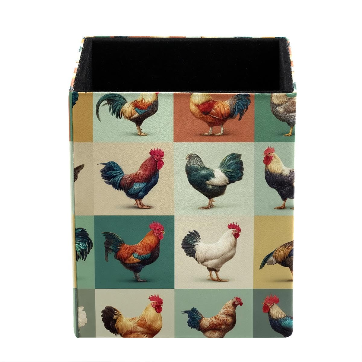 HEOEH Rooster Hens Pen Holder Pen Pot, Square Pencil Cup for Desk