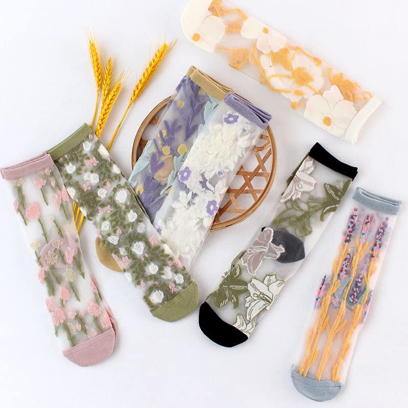 Alafime Coquette Aesthetic Mesh Socks for Women - 7 Pairs Kawaii Embroidered Florals Y2K Full Tube Sheer Socks2
