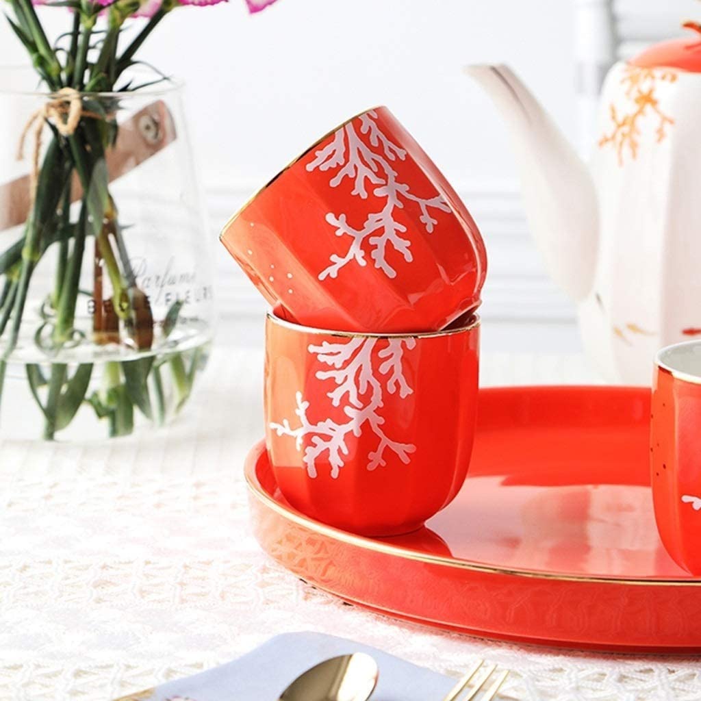 Serwis Do Kawy Na Przyjęcie 6-częściowy Zestaw Do Herbaty Ceramiczne Zestawy Kawy I Zielony Kubek Taca Na Garnki Dekoracja Wodna Domowe Przybory Kuchenne Filiżanek Popołudniowa(Oranje)