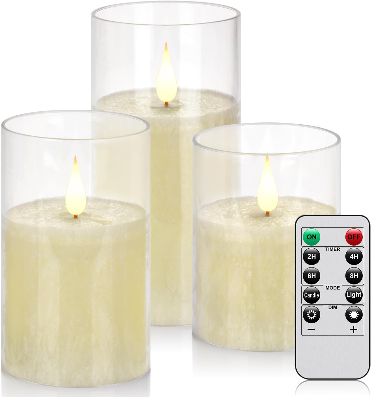 Flameless Flickering Remote Control Candle, Glass Pillar Candle,3 Pack (D:3"×H:4" 5" 6") LED 3D Flame Romantic Candle,Battery Operated Real Wax, Ideal for Wedding, Home Decor Holiday (Ivory)