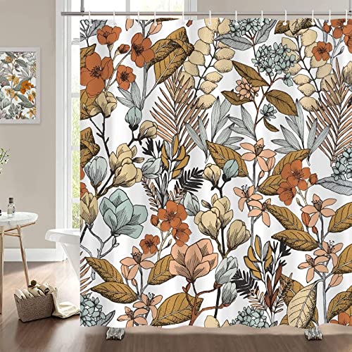 Ohshining Boho Shower Curtain Brown Floral Shower Curtain Fabric Autumn Leaves Flowers Blossom Fall Shower Curtains For Bathtroom Waterproof Retro Botanical Shower Curtain Set With Hooks 72X72,Brown #TOP16