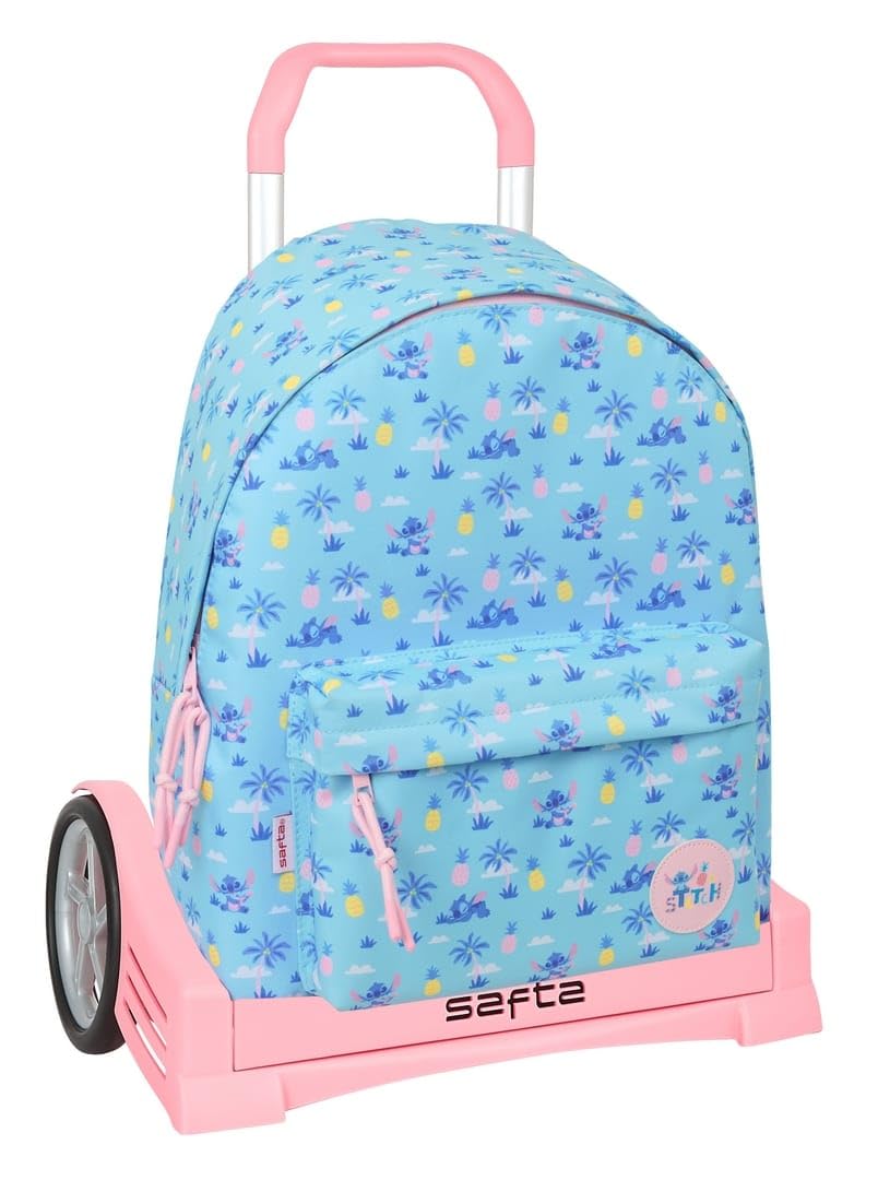 Safta | Mochila Grande con Ruedas Stitch Waves Compact Evolution Extraíble, Carro Incluido 85 cm Alto, Ergonómica y Acolchada, Bolsillo Frontal, Asa Superior, Mochila Niña, Medidas 33x15x42 cm