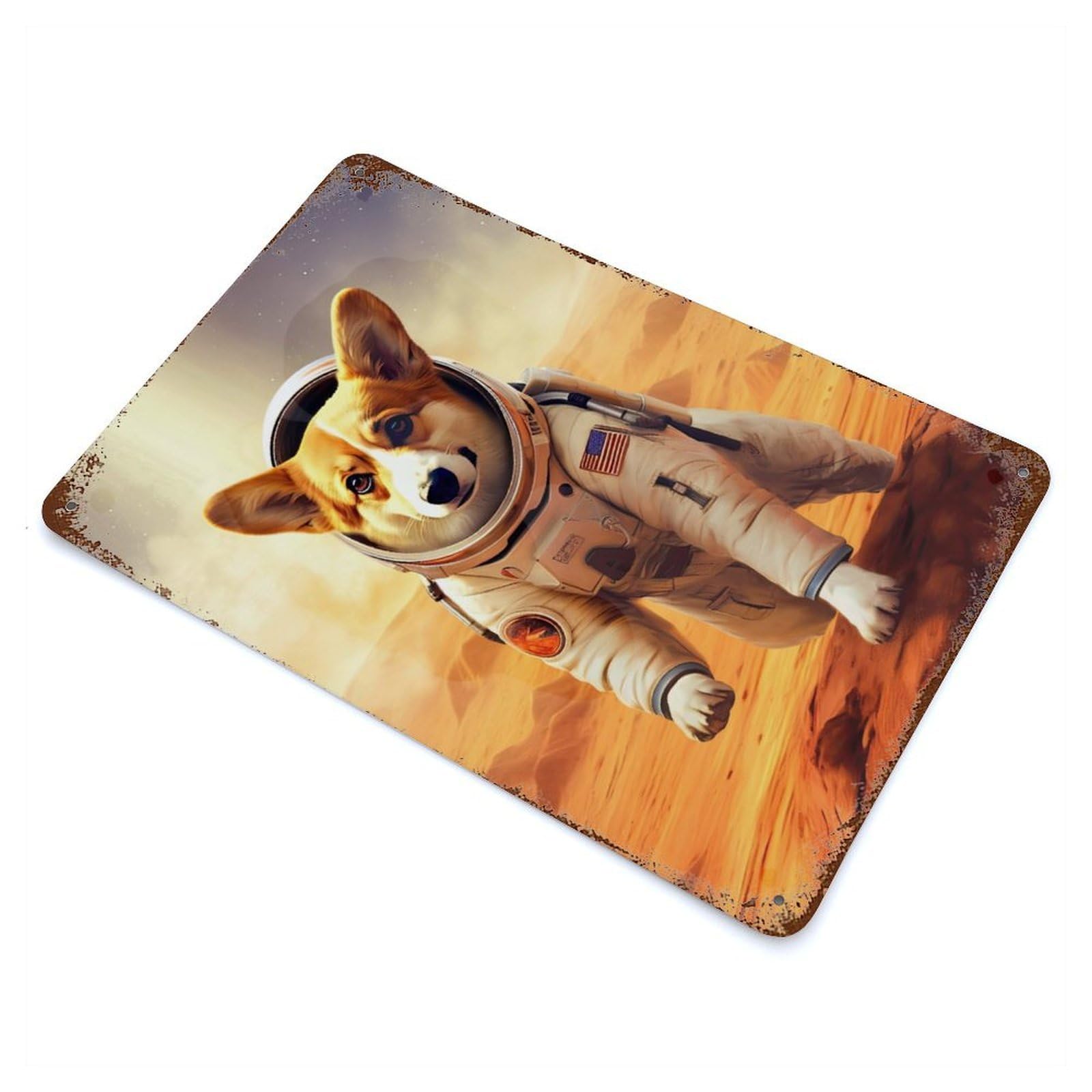 Vintage Rust Metal Sign with Corgi Mars Design 11.8"x7.9", for Shed, Workshop And Garage Wall Decor, Classic Wall Plaque