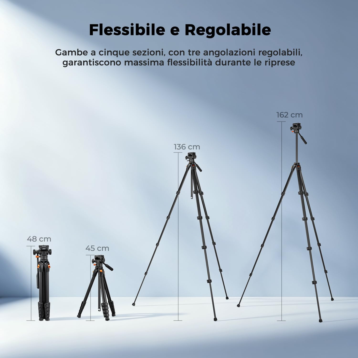 K&F CONCEPT Treppiede per Fotocamera 162cm, Cavalletto Fotografico Compatto | Testa Idraulica, Treppiede Video in Alluminio, Compatibile con Smartphone/DSLR/Sony/Canon/Nikon, Portata 3kg, A305A1+FH-04