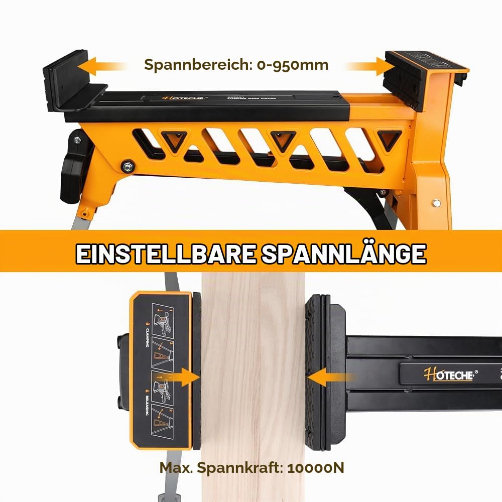 Hoteche Mobile Klappbare Werkbank, 250KG Traglast, 0-950MM Spannbereich, Gelb-Silber-Schwarz, Papiertütenverpackung