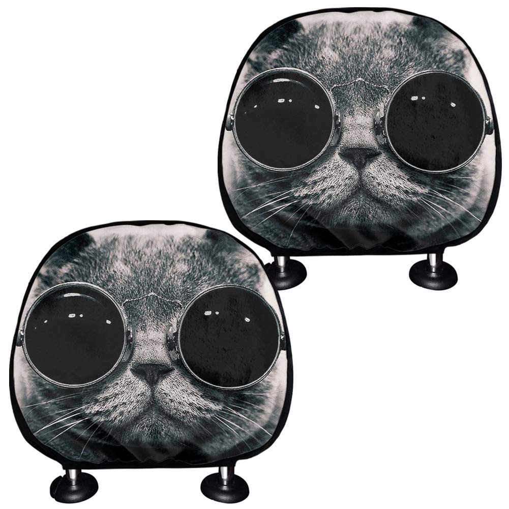BIGCARJOB Funny Animal Headrest Covers, 2 Pack Glasses Cat Printed Car Truck SUV Van Headrest Covers,Comfortable Cover Interior Decorative Cover